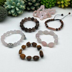 Stretch Bracelets Lot Of 6 Rose Quartz, Smoky Quartz, Tiger's Eye, Aventurine